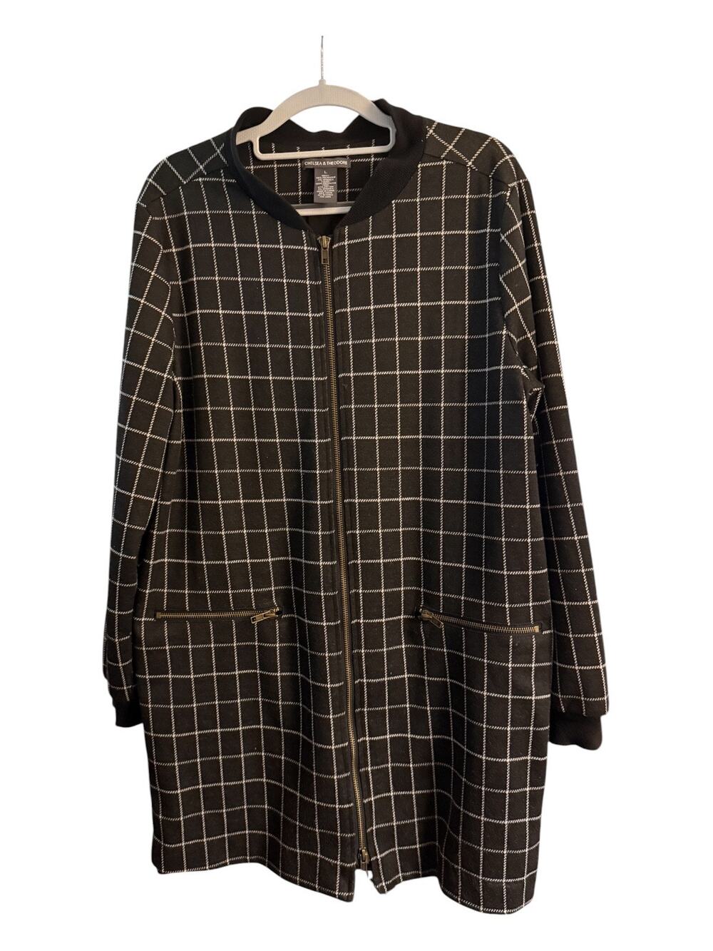 Chelsea & Theodore Women L Longline Windowpane Zip Jacket Cardigan Black
